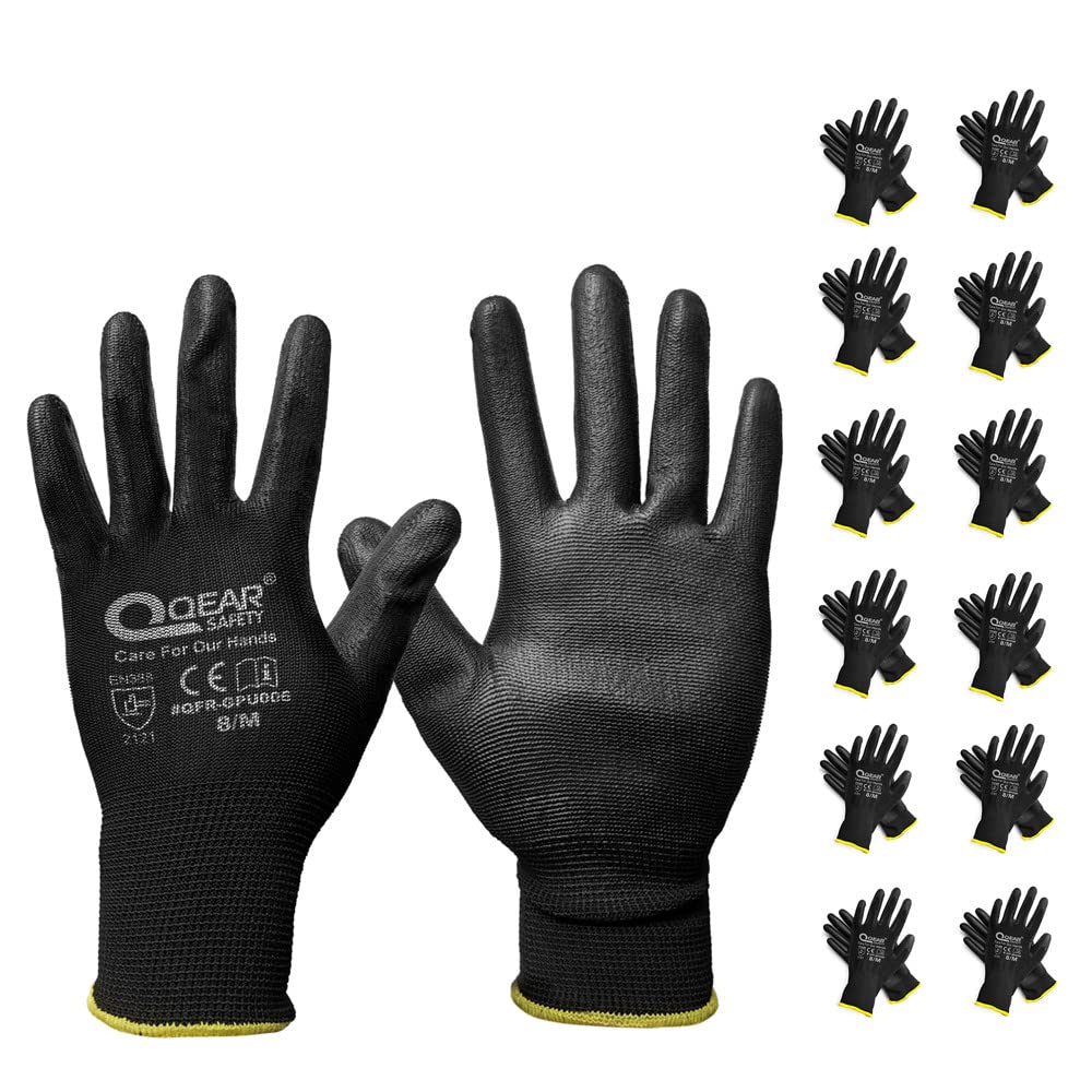 QEARSAFETY 12 Pairs PU Palm Coated Work Safety Gloves, Knitted Liner, Multi-Function, Light-Weight, Thin, and Breathable,General Purpose Job Handling (7/S, Black)