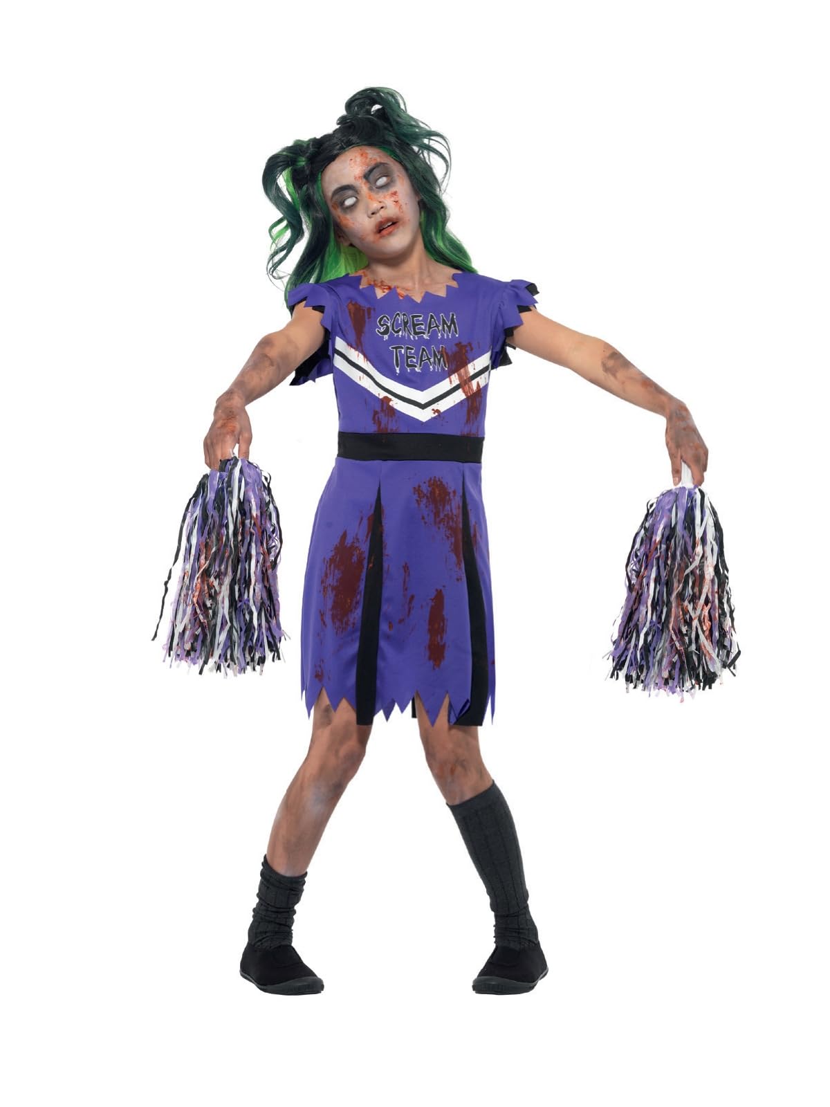 Smiffys Dark Cheerleader Costume, Purple & Black with Dress & Pom Poms, Halloween Child Fancy Dress, Halloween Dress Up Costumes