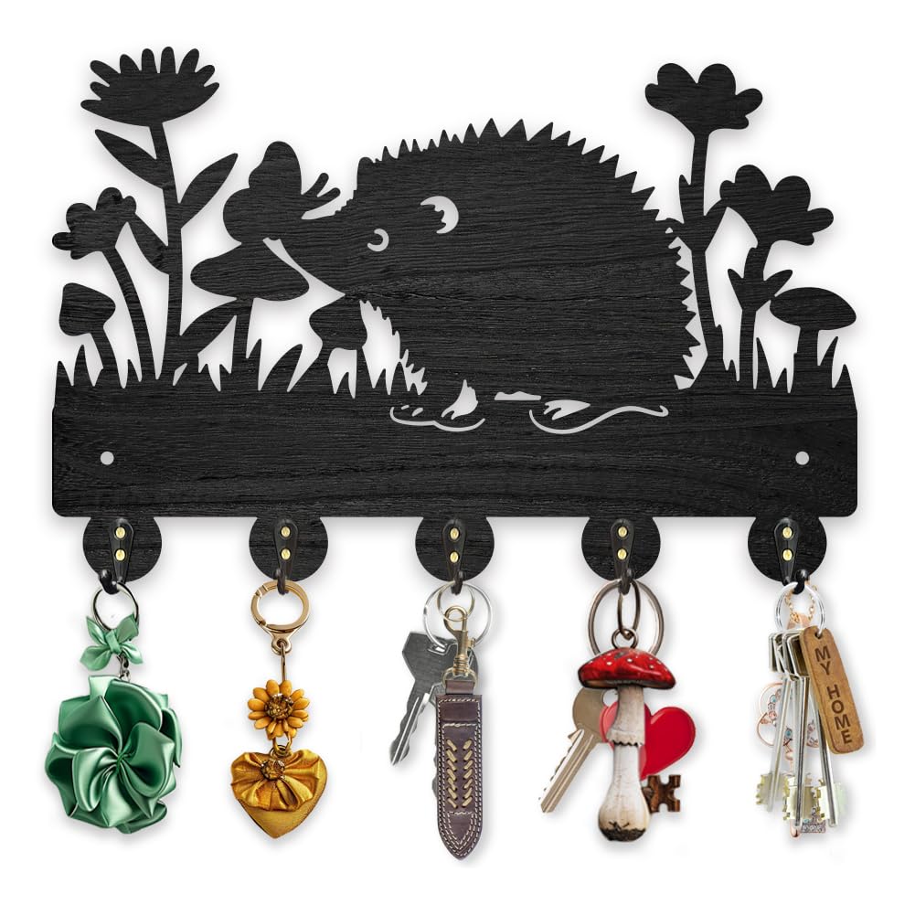 MAYJOYDIY Hedgehog Flower Butterfly Key Hooks Wall Mounted Wood Key Holder for Wall 30×20cm Nature Wildflower Animal Key Hanger 5 Alloy Hooks Decoratice Key Hook for Gift Living Room Kitchen