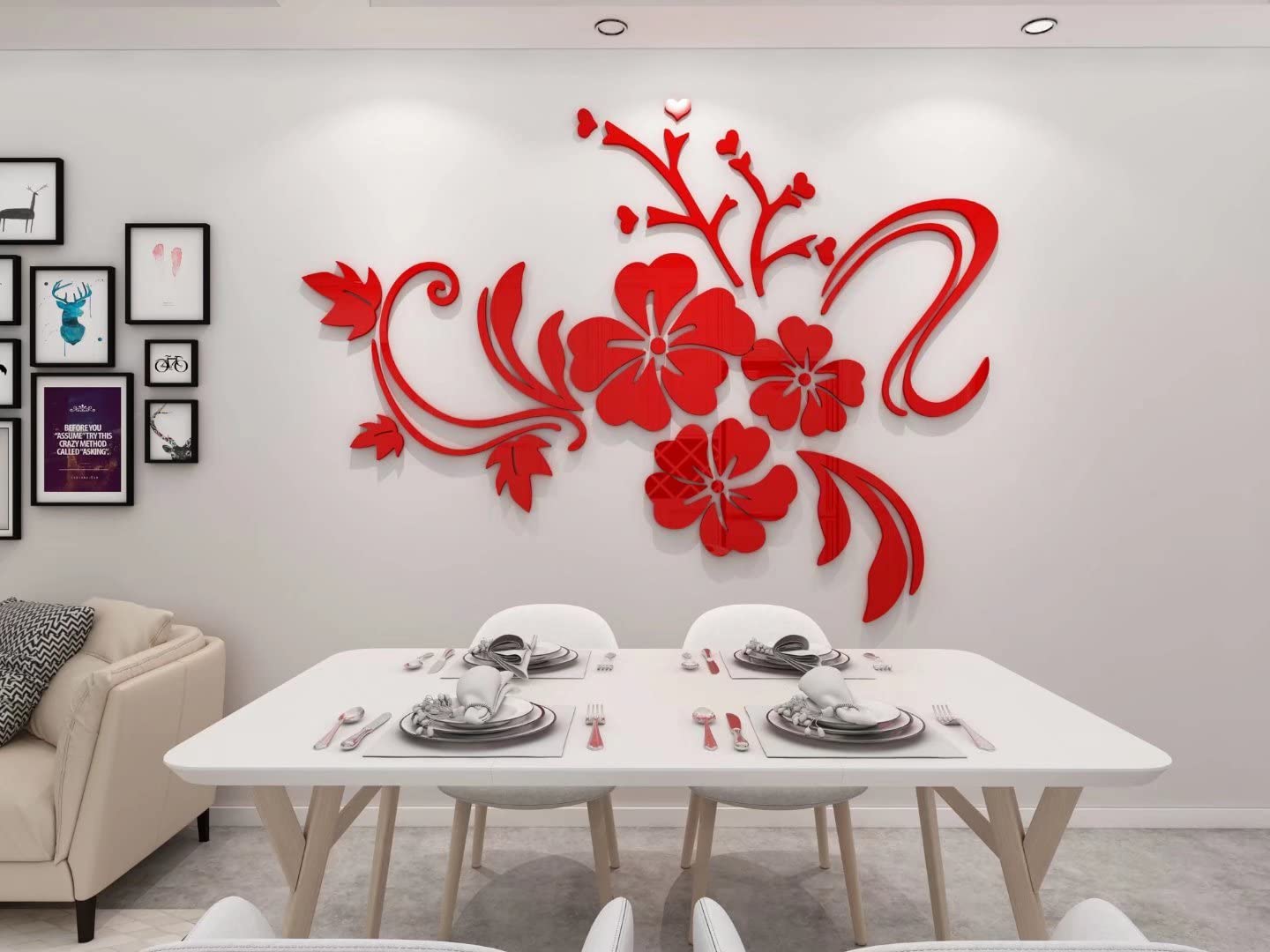 Wall Stickers Flower Mirror - 3D Wall Art for Living Room Family Wall Decals Mirror Wall Sticker Home Decorations for Office Sofa Bedroom Wall Mirror Stickers Home Decor (Red XS:15 * 23 inch) — image 1