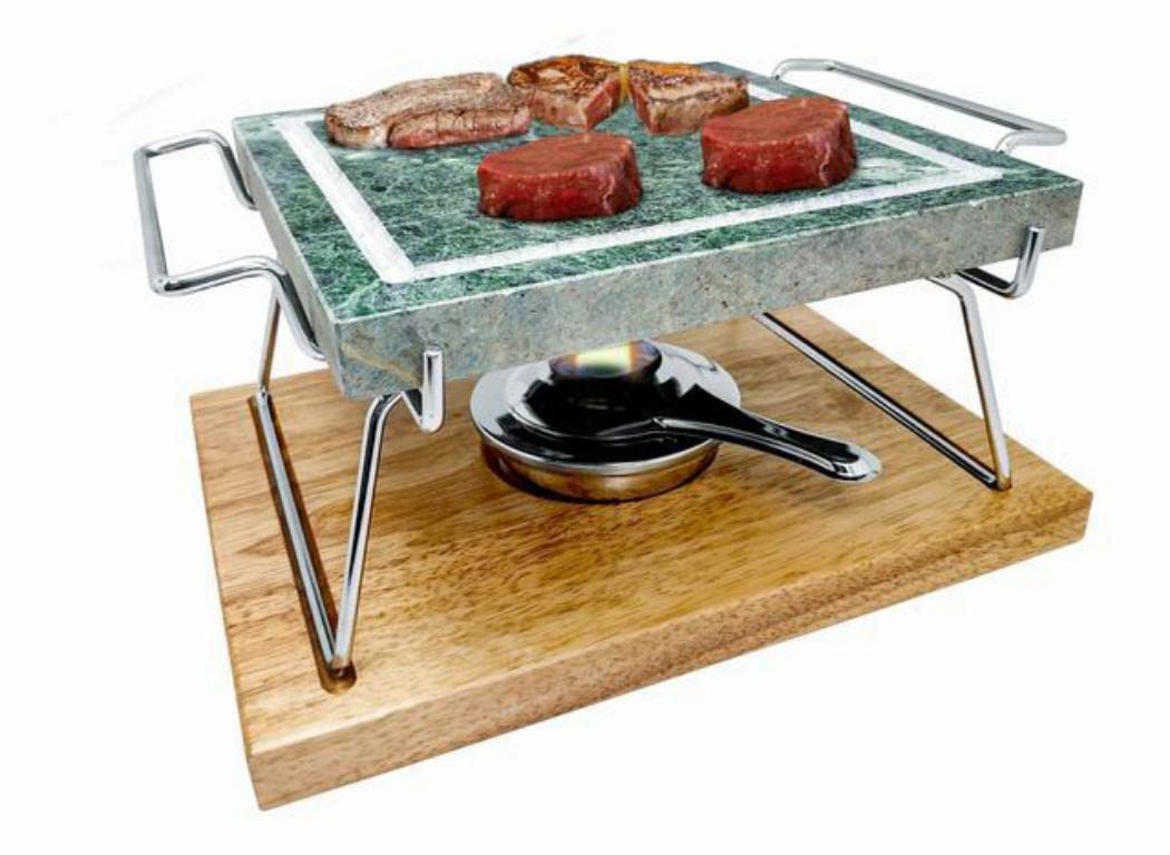 Nerthus FIH 386 Hot stone grill set. Grill with stone. Includes alcohol burner and wood stand base.