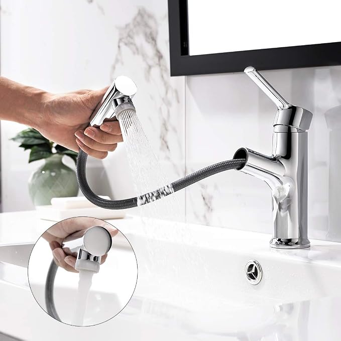 Ausziehbarer Waschtisch-Wasserhahn Mit Duschbrause - 2 Strahlarten, Schwarz, 60 Cm Schlauch