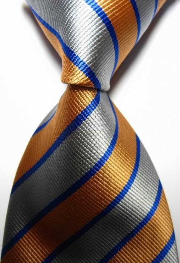 Dream Pole Modern Ties Stripes Gold Blue SIlver 100% Silk Men's Necktie