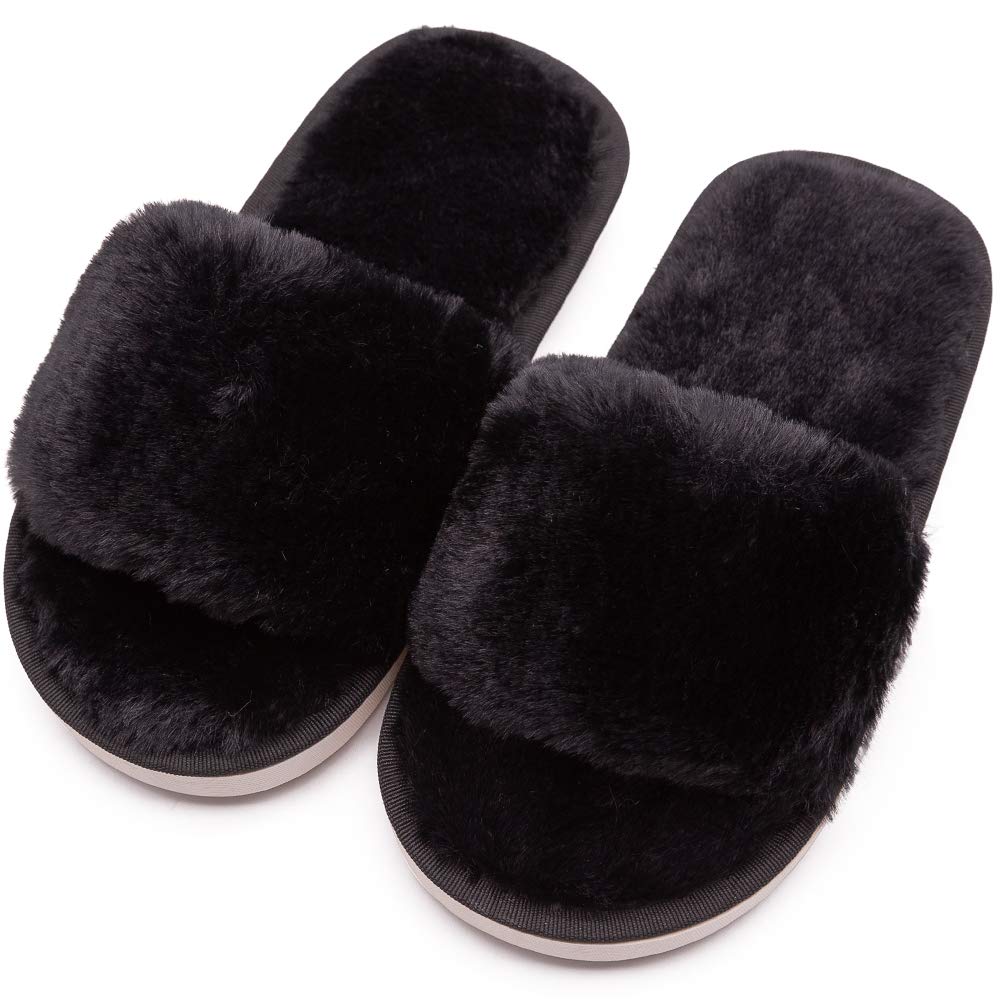 Boys Girls Fuzzy House Slippers Cute Comfy Faux Fur Slip On Fluffy Plush Open Toe Home Slides for Kids Indoor Outdoor Warm Shoes
