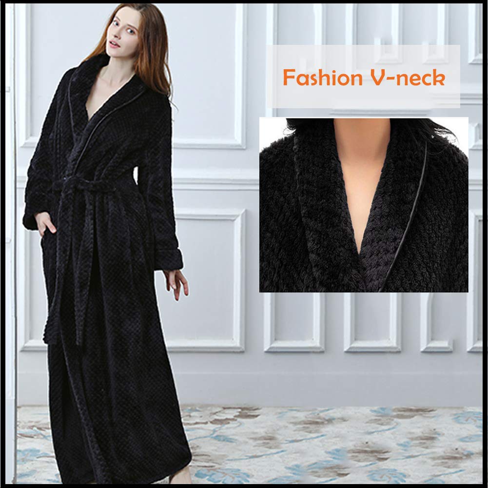 Womens Long Thick Fleece Robe Warm Waist Belt Plush Black Bathrobe(Black,S/M)