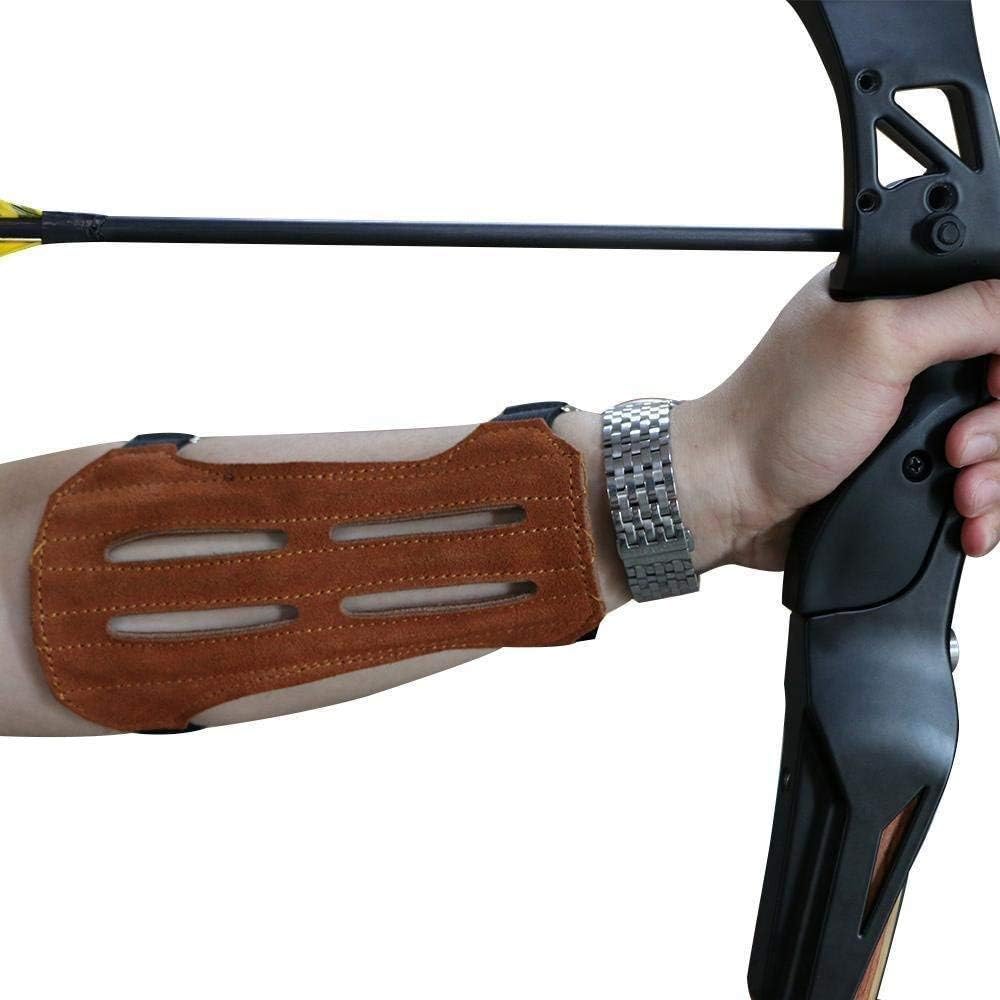 Toparchery Leather 2 Straps Arm Guard & 3 Finger Protective Gloves for Recurve Compound Long Bow Hunting Shooting Brown : Sports & Outdoors