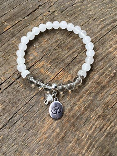 White Snow Quartz Gemstone Stretch Bracelet, Om Ohm Aum Yoga Charm, Peaceful Energy Comfort Balance, 6MM Round