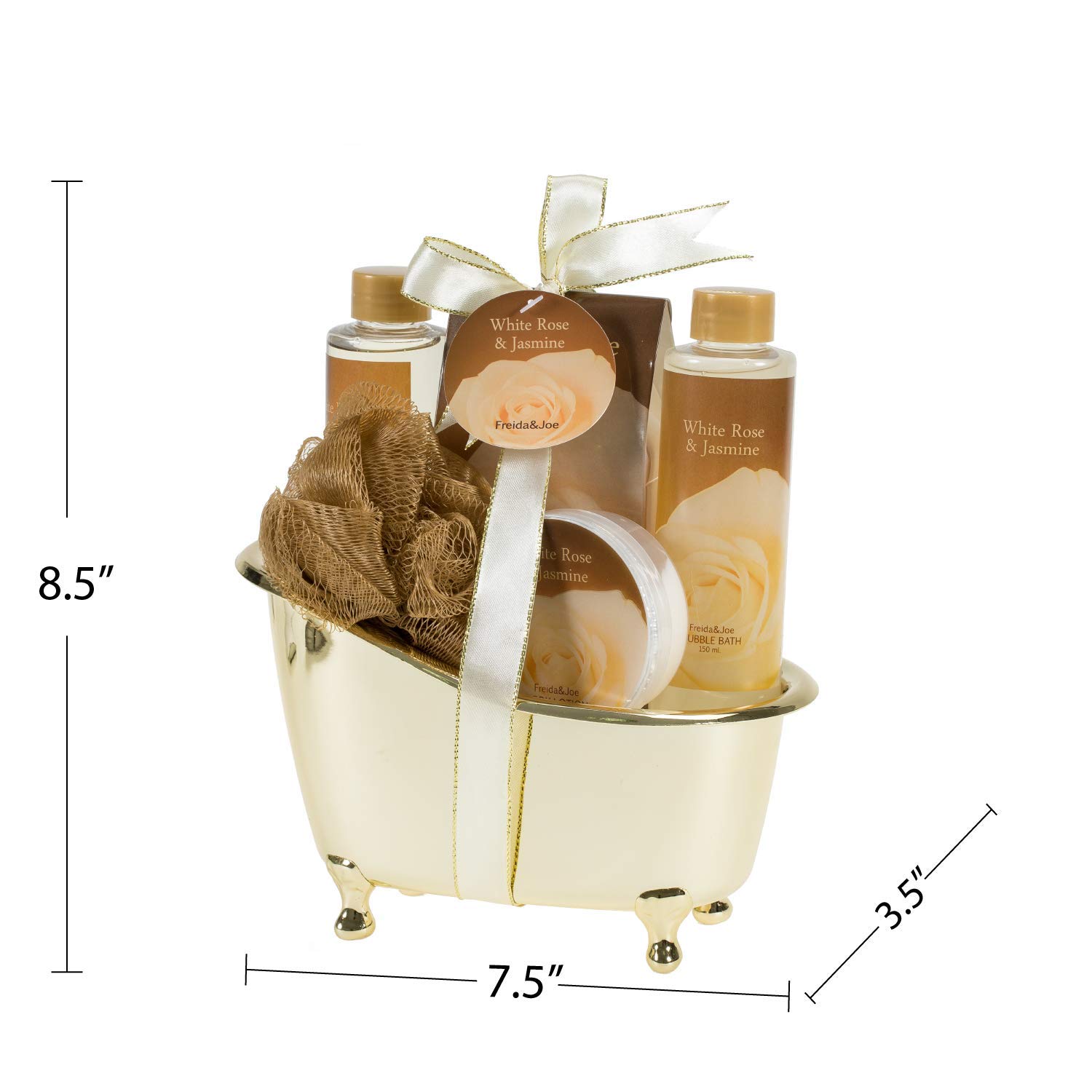 Home Spa Gift Basket - White Rose Jasmine Spa Set For Women - Luxury Bath & Body Set For Women - Contains Shower Gel, Bubble Bath, Body Lotion, Jasmine Bath Salt and Pouf Displayed in Elegant Gold Tub : Bath And Shower Product Sets : Beauty
