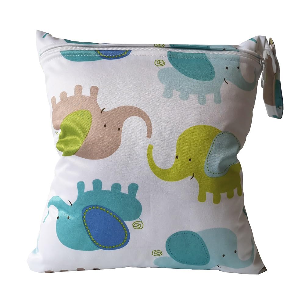 SYSUII Wet Bag Reusable Nappy Bags Wet and Dry Changing Bag Fabric Nappy Bags Nursery Laundry Bag Organiser Bag with Zip Blue Elephant