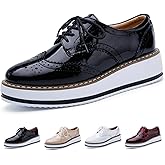 OXNEUHG Women's Patent Leather Platform Wingtips Brogue Oxfords Fashion Lace-Up Round Toe Printed Wedge Dress Shoes Comfort Business Casual Formal Shoes