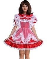 Robe Servante Sissy Rose Satin - Costume Cosplay Manches Longues Avec Tablier Et Cadenas
