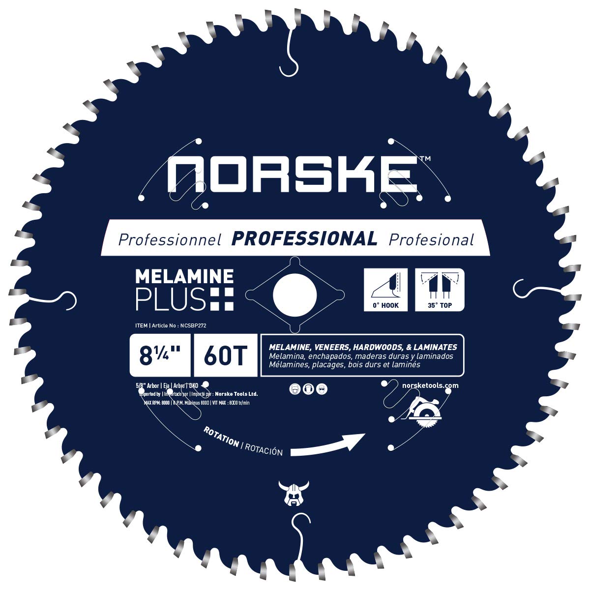 Norske Tools NCSBP272 Hoja de sierra para melamina Plus 60T de 8-1/4 pulgadas para corte ultrasuave de melamina, laminados, maderas duras y pisos laminados, orificio de 5/8 pulgadas con orificio perforador de diamante