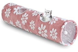 Yaning Straight Cat Tunnel for Indoor Cats 47"x12", Cute Cat Toys Collapsible Tunnel Tube with Balls for Puppy Kitten Rabbit, Pink Flower