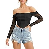 JSXZMMSM Corset Tops for Women Long Sleeve Off The Shoulder Crop Boned Bustier Trendy Y2K Going Out Tops