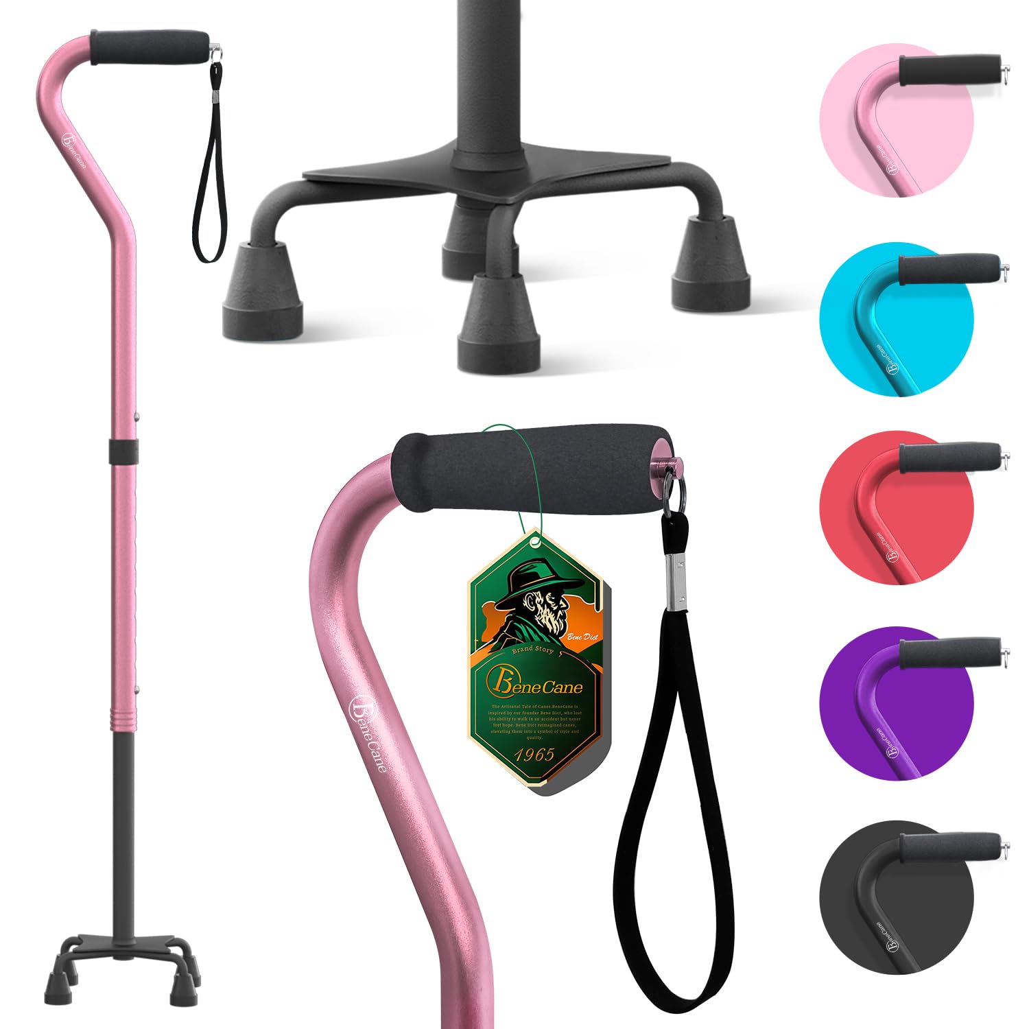 BeneCane Walking Cane for Women and Men-Large Quad Cane-Foldable and Sturdy Offset Walking Cane-Portable 4 Prong Canes for Men and Women