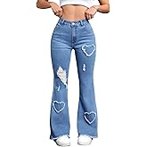 TimeGofate Womens High Waisted Flare Jeans - Heart Design Denim Pants Stretchy Soft Fabric, Casual Daily Wear