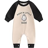 Lamuusaa Newborn Baby Boy Halloween Outfit Mamas Little Boo Embroidery Romper Long Sleeve Ghost Bodysuit Jumpsuit 0-18M