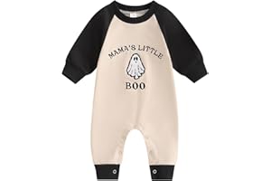 Lamuusaa Newborn Baby Boy Halloween Outfit Mamas Little Boo Embroidery Romper Long Sleeve Ghost Bodysuit Jumpsuit 0-18M