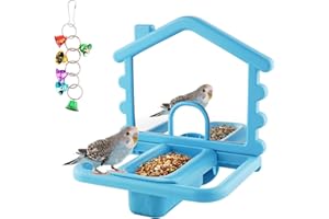 Bird Mirror with Feeder Perch,Bird Cage Feeder with Swing Toy,Cage Accessories,Toys for Cockatiels, Lovebirds and Other Small
