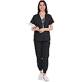 SUNME Scrubs for Women Set, V-Neck Scrub Top & Jogger Pants Medical Uniform with 9 Pockets, Yoga Waistband