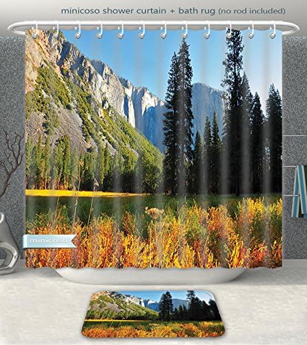 Aireeo Bathroom 2-Piece Suit Apartment Decor Birds Flight Flies Over Mountains of Yosemite National Park Early Fall Season Orange Blue Gre Shower Curtain And Bath Rug Set, 60" Wx71 H & 23" Wx16 H