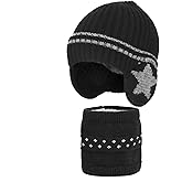 Kids Winter Beanie Hat Scarf Set Soft Warm Knitted Skull Cap with Ear Flaps Thick Fleece Lined Neck Warmer for Boys Girls