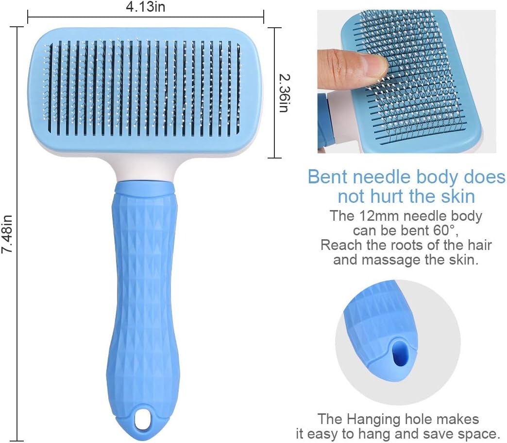 Atlamia Self Cleaning Slicker Brush, Dog Brush & Cat Brush with Massage Particles, Removes Loose Hair & Tangles, Skin Friendly & Promote Circulation-Blue