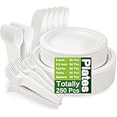 250 Piece Compostable Plates, Sugarcane Paper Plates with Extra Long Utensils, Eco Friendly Disposable Dinnerware Set Biodegradable Cutlery, Spoons, Forks and Knives for Party, Camping, Picnic(White)