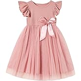 Rysly Toddler Girls Ruffle Sleeve Tulle Dress Elastic Waist Bow Kid Casual Sundress