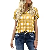 Veatzaer Women's Plaid Short Sleeve Button Down Shirt Casual Summer Blouses Tops
