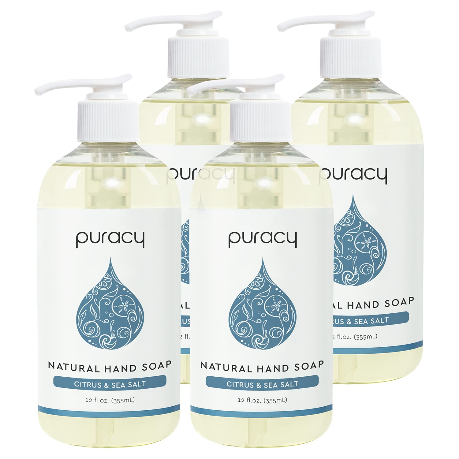 Puracy Natural Gel Hand Wash, Citrus & Sea Salt, Rich Foam, Easy Rinsing, Skin Softening, 12 Fl Oz (4-Pack) : Beauty