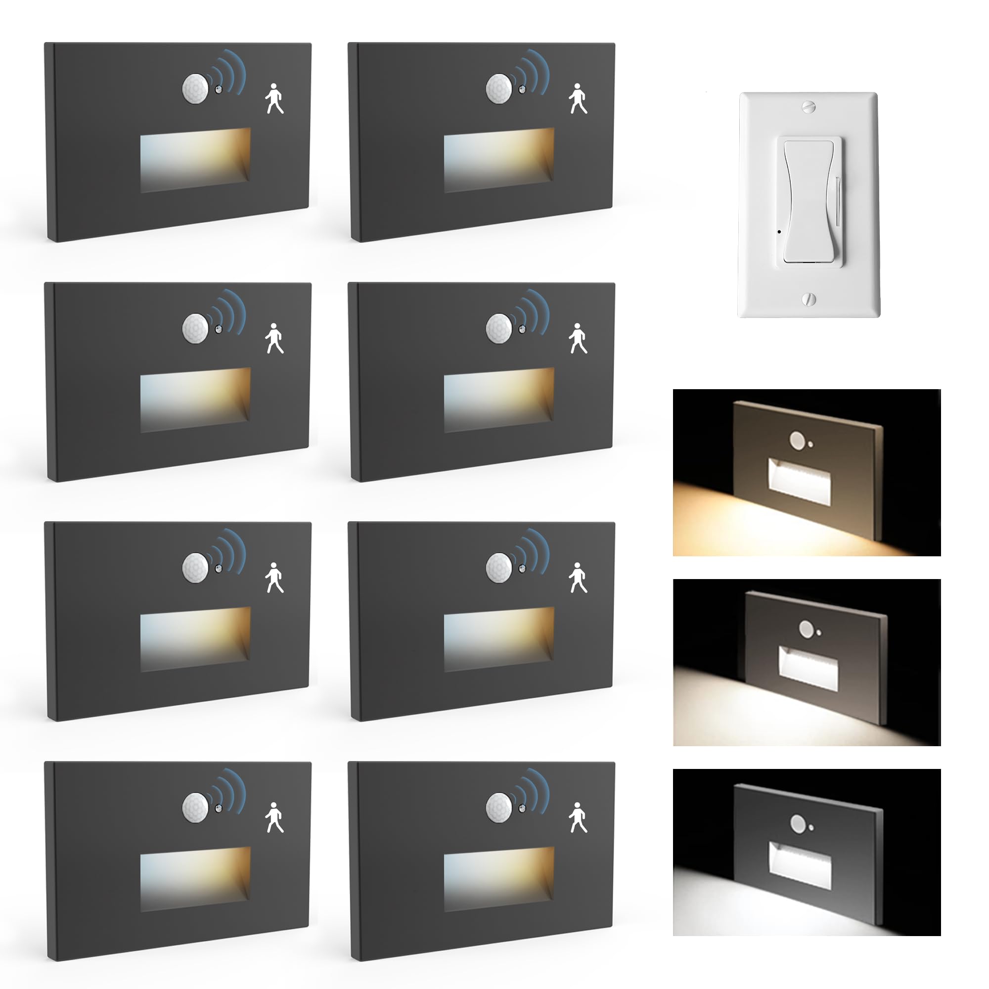 Photo 1 of Jandov 8 Pack Motion Sensor Stair Lights Indoor Outdoor,Dimmable Motion Activated Step Lamp 3000K/4000K/6000K,Hardwired 120V 4W IP65 Waterproof Outside Stairway Light,Led Staircase Lights- Black