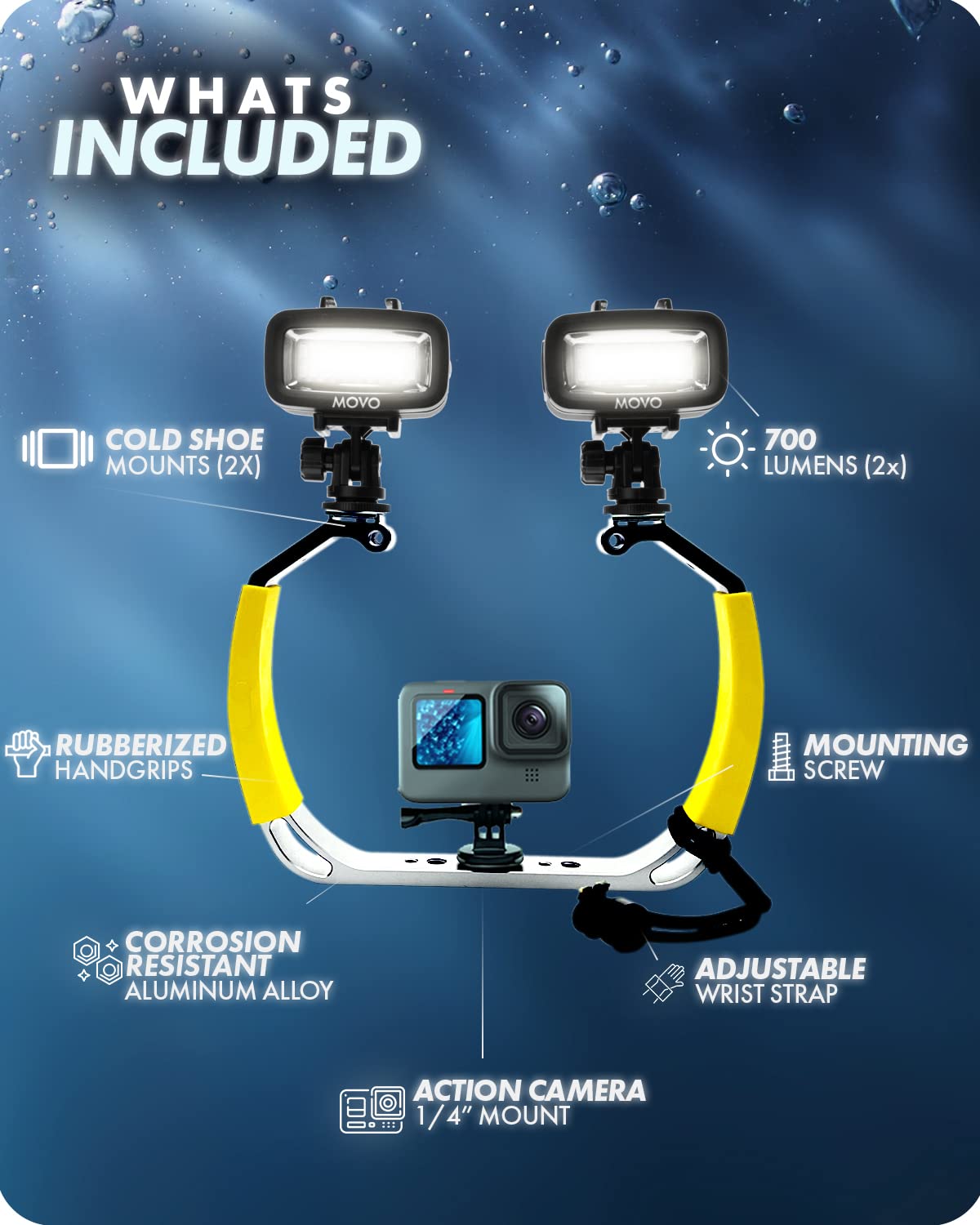 Movo DiveRig1 XL Diving Rig Bundle with Waterproof LED Lights - Compatible with GoPro Hero, HERO5, HERO6, HERO7, HERO8, HERO9, HERO10 and DJI Osmo Action Cam - Scuba Accessories for Underwater Camera