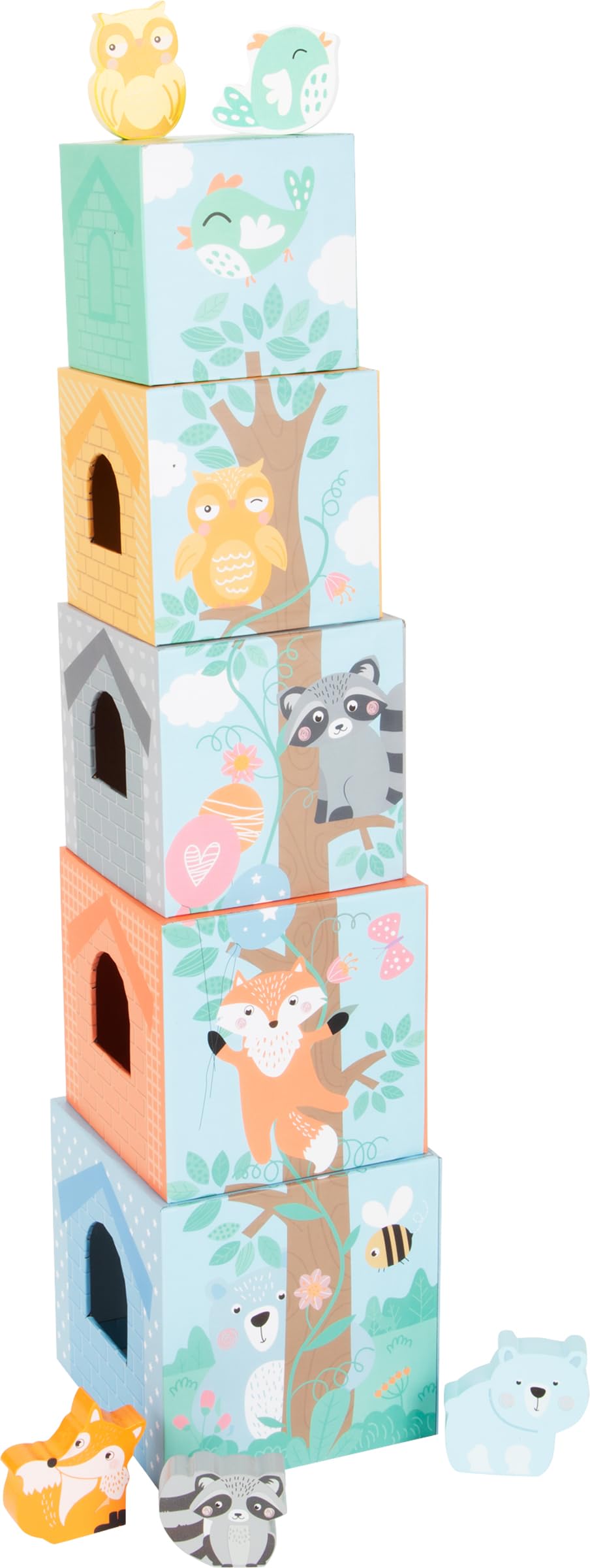 Small Foot Pastel Cardboard Cube with Wooden Animal Figures, Stacking Tower for Toddlers from 12 Months, 11721 Toys