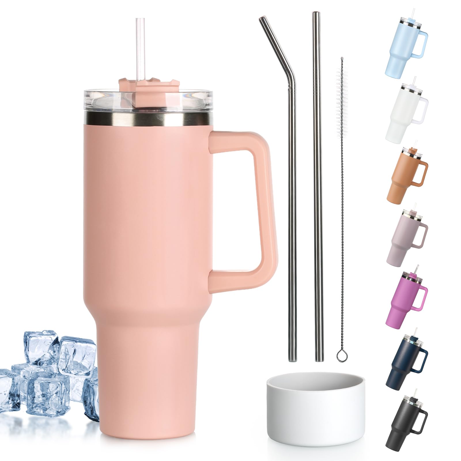 Tuocal 40oz Tumbler with Straw Lid and Handle + 2 Stainless Steel Straws + Silicone Boot, 1180 ml Double Wall Vacuum Insulated Cup, Car Coffee Mug, Travel Water Bottle for Hot Iced Coffee, Light Pink