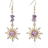 Handmade Boho Amethyst Crystal Celestial Sun Dangling Drop Earrings for Women