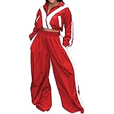 Angsuttc Track Suits for Women Set Color Block Two Piece Long Sleeve Cropped Jacket and Wide Leg Pants Outfits