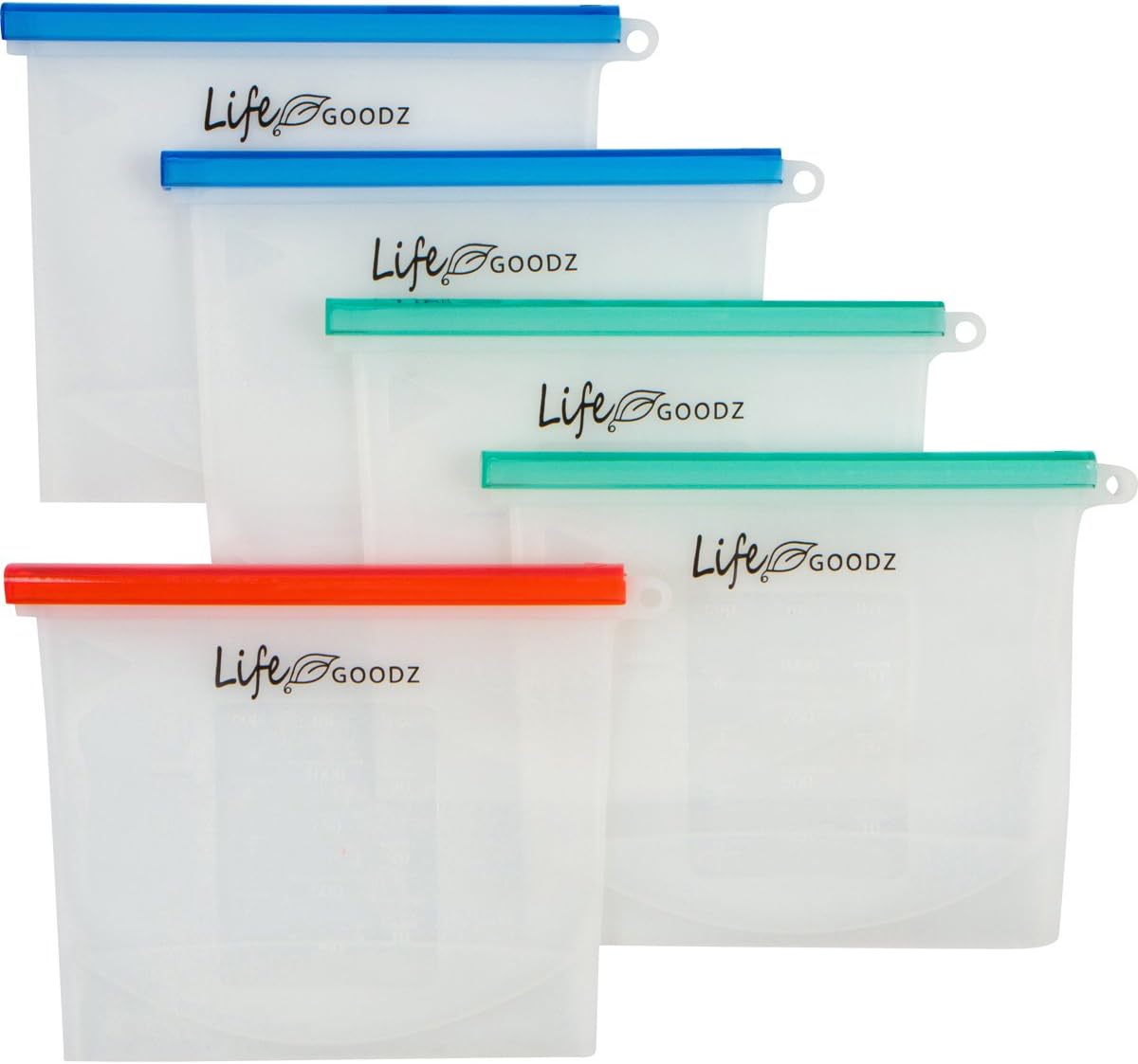 LifeGoodz Reusable Silicone Food Storage Bag 1L-Leakproof Transparent Bags-Easy View Contents in Container-100% Food Safe-MICROWAVE-FREEZER-BABY-LEFTOVER-Set of 5