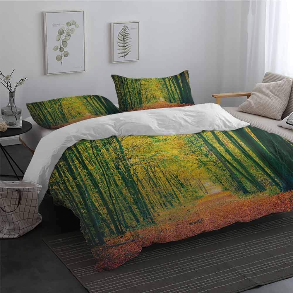 Bedding Duvet Cover 3 Piece Set Forest Pathway in Autumn Dramatic Road to Infinity Toned Warm Fall Colors Rural Scenery Print 1 Duvet Cover 2 Pillowcases Green Twin