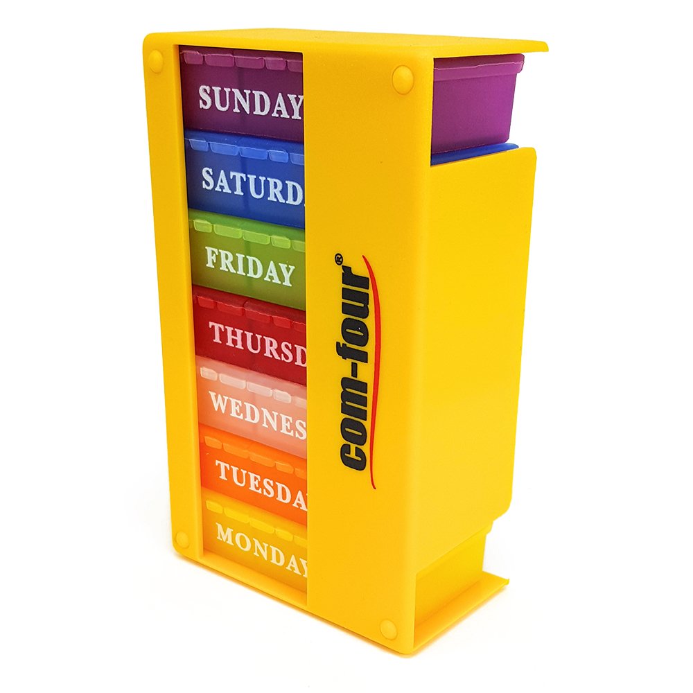 Com Four Medicador 7 Dias En El Ingles Amarillo Dosificador Semanal Por La Manana Medio Dia Caja De Pastillas Con 3 Compartimentos En El Camino English Noche Creeo Com Br