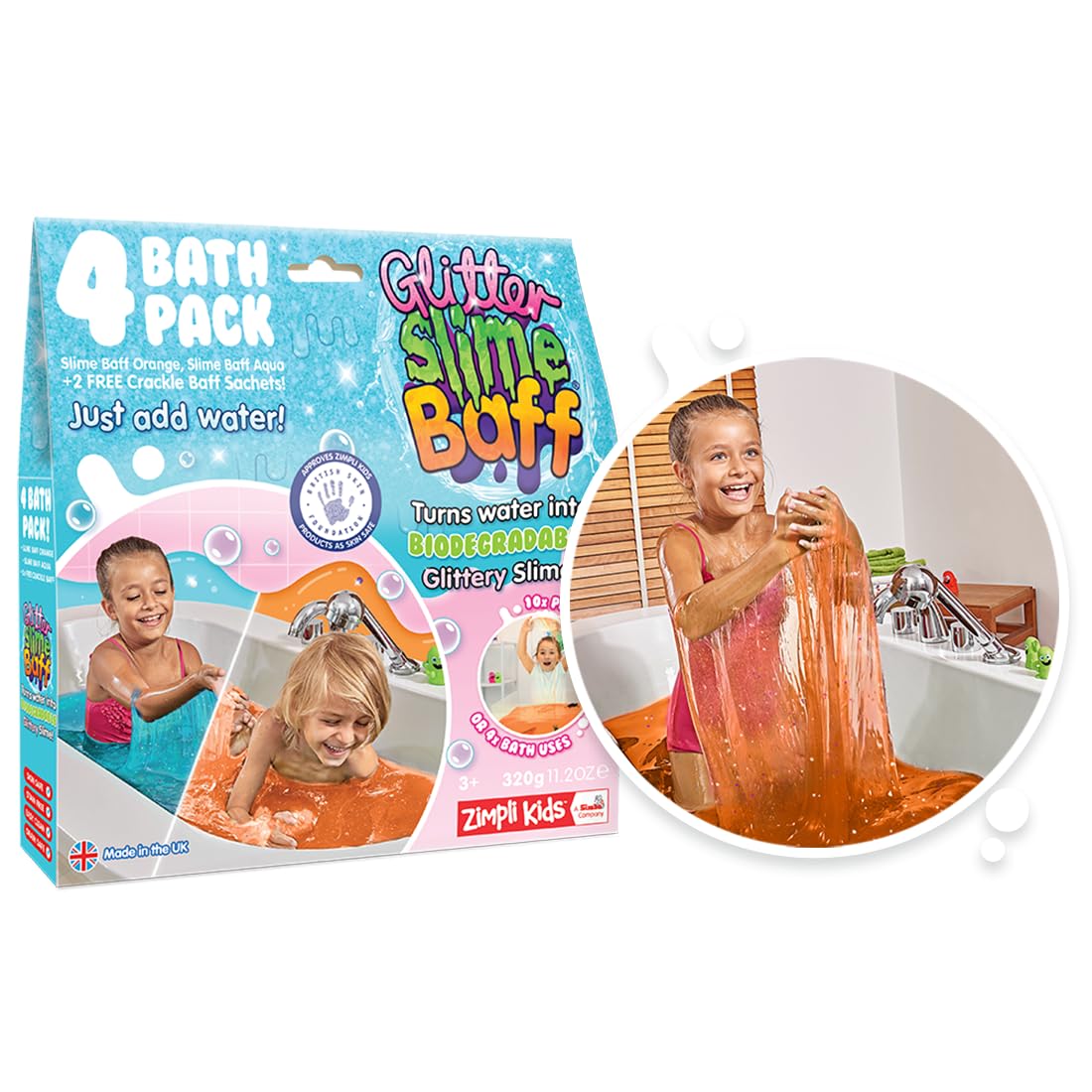 ZIMPLI - Glitter Slime Baff Aqua & Orange, 4 Bath Pack including 2 x Crackle Baff, Magically turns water into thick, glittery slime, Montessori Toys