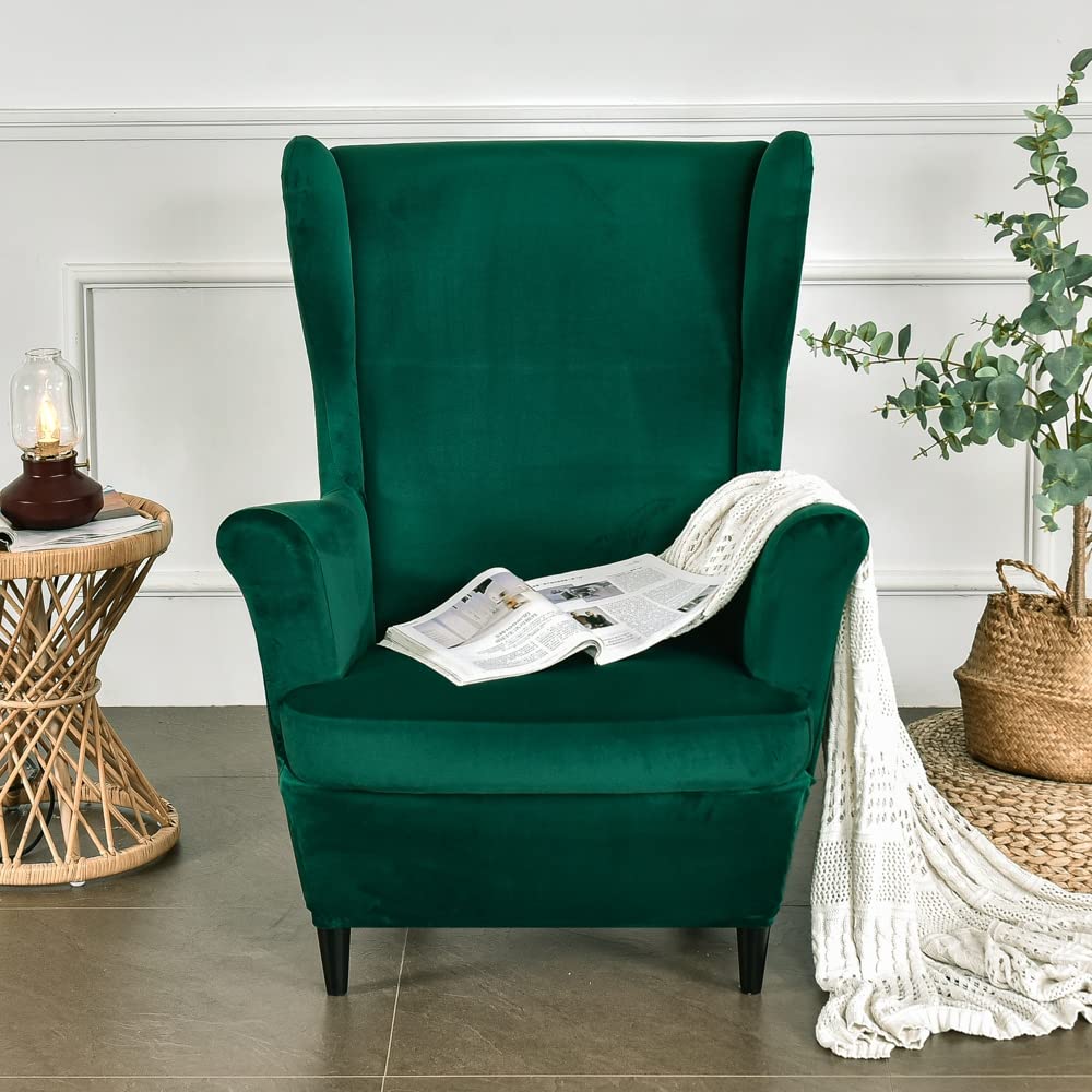 Topchances Velvet Wingback Chair Cover 2 Piece Set - 2 IN 1 Design Solid Soft Wing Back Arm Chair Covers Stretch Wing Chair Slipcover Furniture Protector for Living Room Bedroom Hotel (Dark Green)