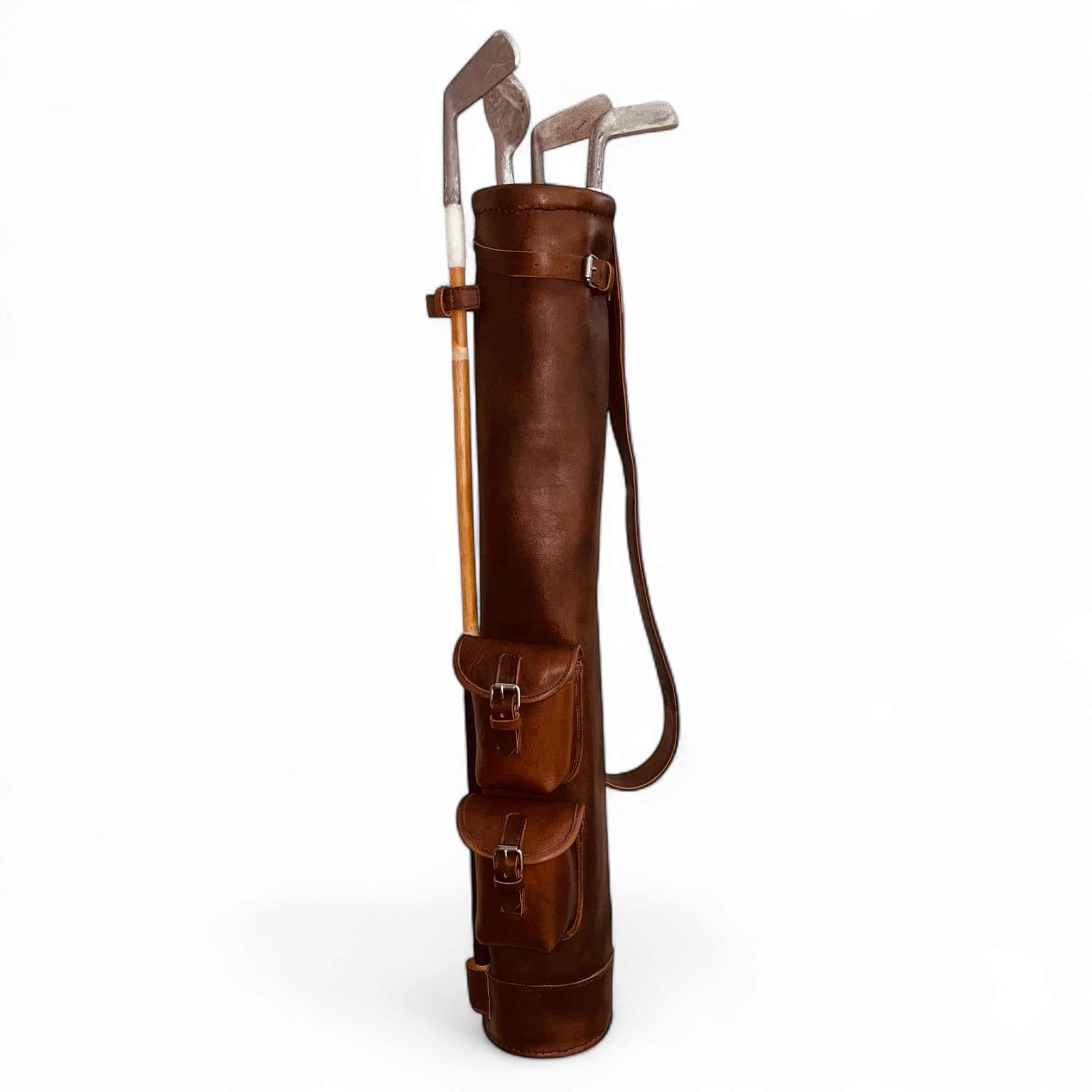 Photo 1 of Geoffrey | Vintage Antique Brown Leather Golf Club Carrying Bag with 2 Pockets | Retro - Bag only (Antique Brown)