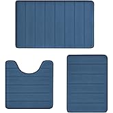 Memory Foam Bath Rug Set 3 Piece Non-Slip Mats,Absorbent Shaggy Super Soft U-Shaped Toilet Rug,Bathroom Carpets for Tub,Shower,Blue