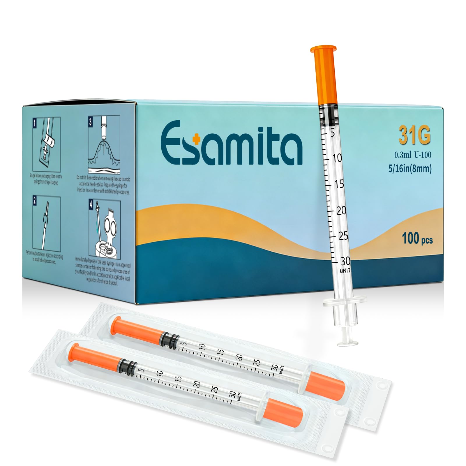 Photo 1 of 0.3ml 31G 5/16"(8mm) Syringes, Disposable Individual Package, 100 Pack