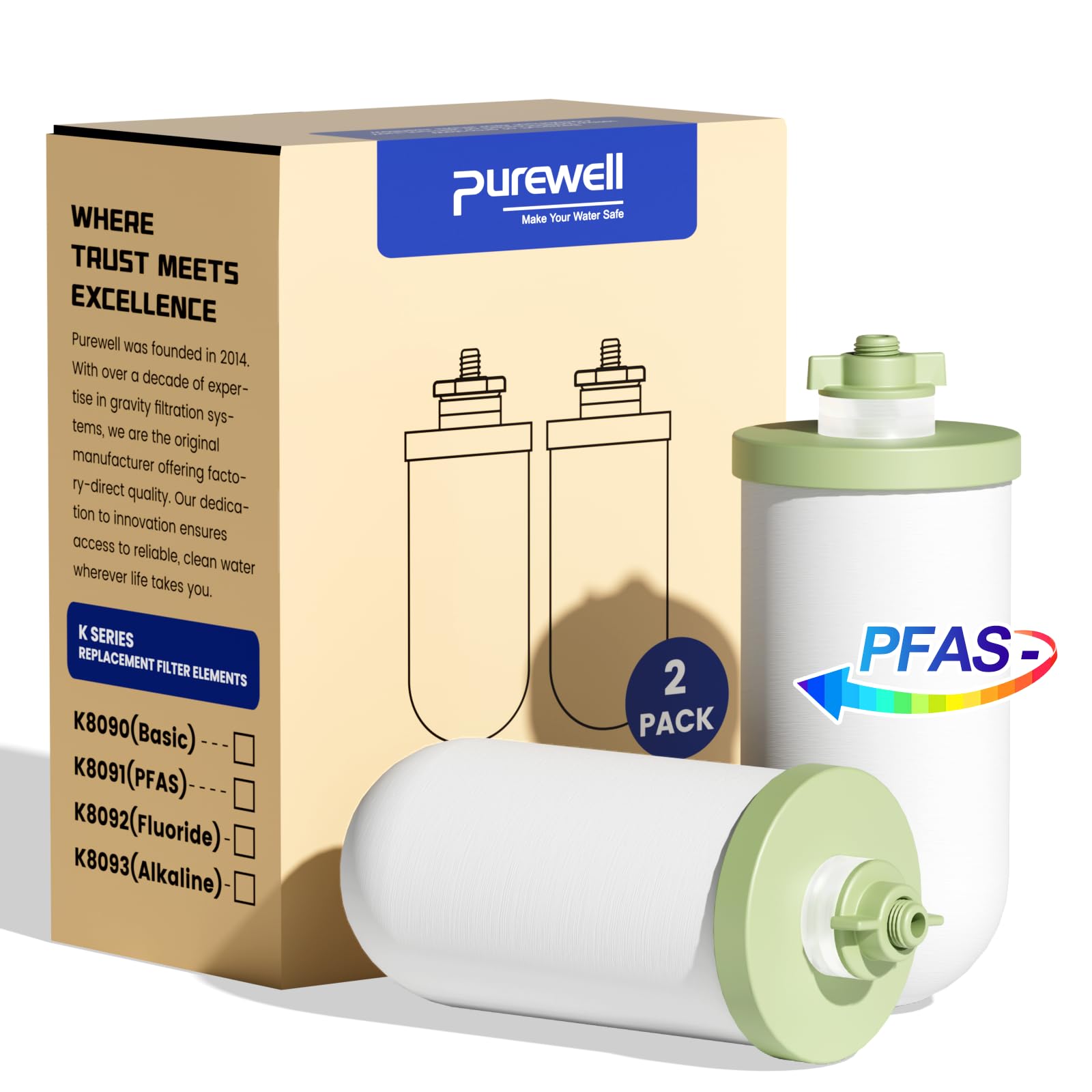 Photo 1 of Purewell K Series 4-Stage 7-In Ceramic Water Filter Replacement, Certified to Remove 99% PFAS & Chlorine, Lead, Compatible with Berkey, ProOne & Doulton Gravity Water Filter System (2-Pack)