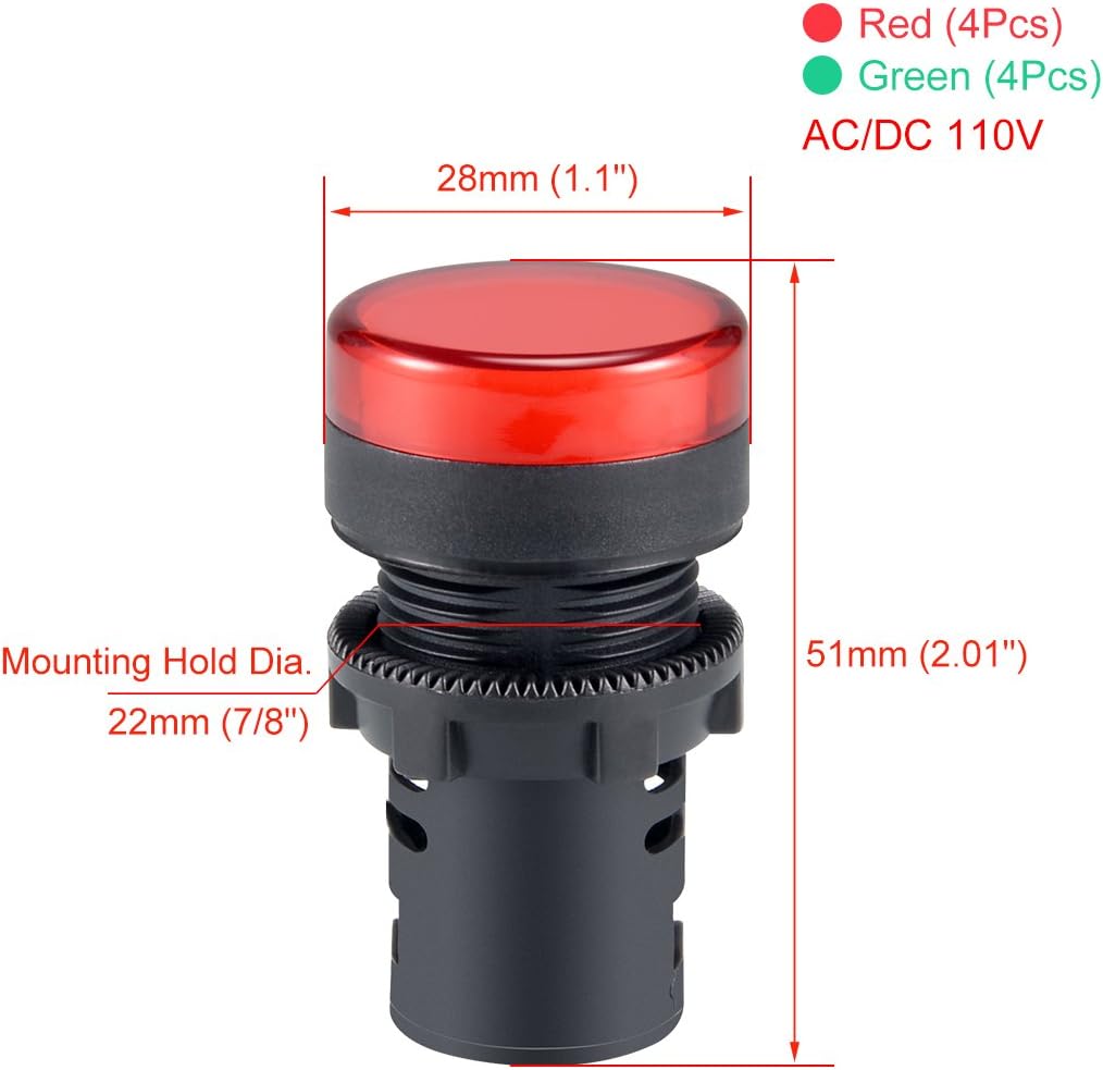 uxcell 8Pcs Red Green Indicator Light AC/DC 110V, 22mm Panel Mount, for Electrical Control Panel, HVAC, DIY Projects: Home Improvement