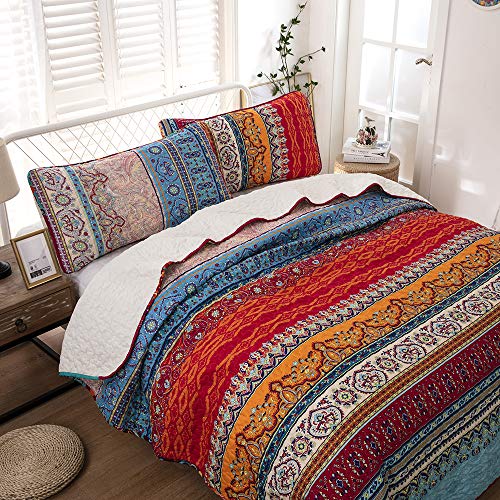 WONGS BEDDING Bohemian Quilt Set Queen, Boho Striped Pattern Printed Quilt Coverlet for All Season, Soft Microfiber Boho Bedspread 90x90 inches(3 Pieces, Colorful)
