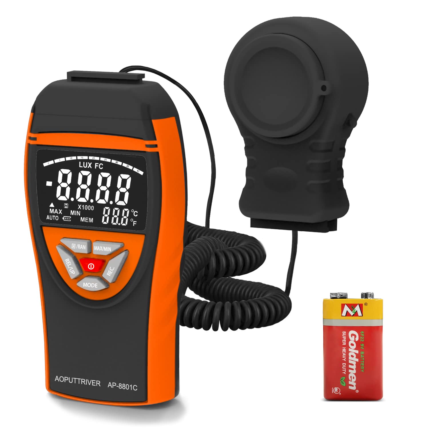 AP-8801C Digital Light Meters & Accessories 0.1~400,000Lux Digital Luxmeter Illuminance Light Meter with Extendable Light Detector up to 2 Meters，Data Hold，Lux/FC Selection (Battery Included)
