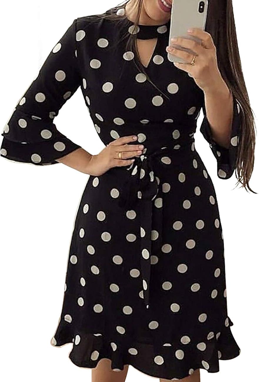 Slofen Women's Dress Fashion Polka Dot Floral Print 3/4 Sleeve Waist Tie Turtleneck Mini Dresses 
